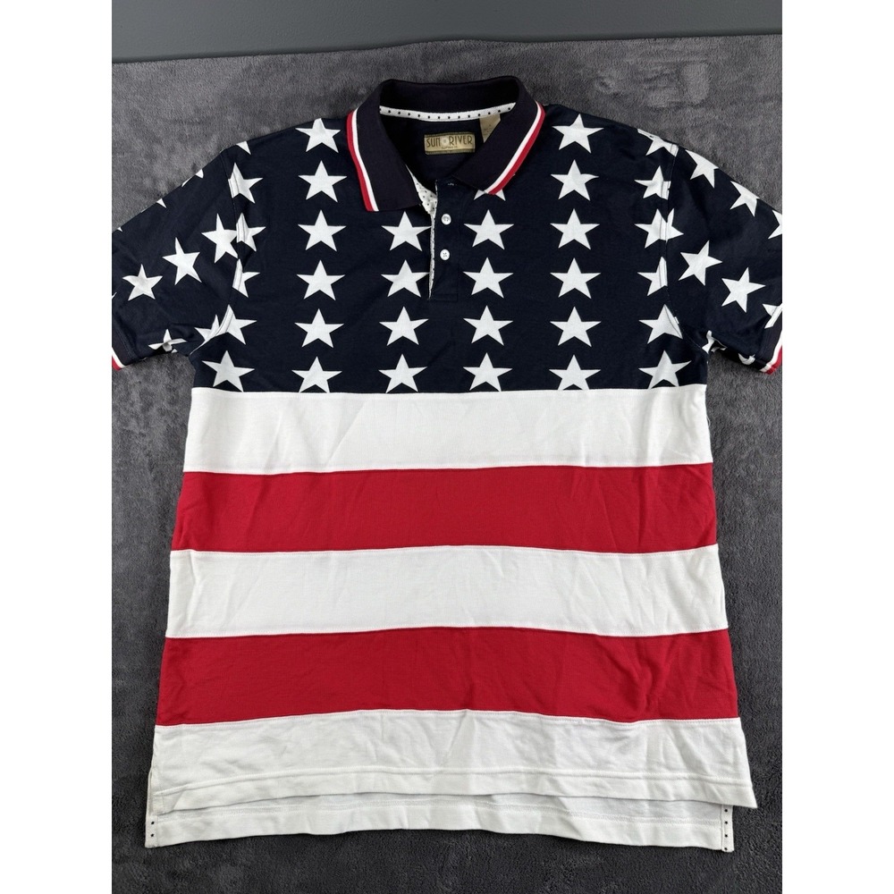 Sun River Mens L Knit Polo Shirt Red White Blue USA Flag‎ Stars Stripes